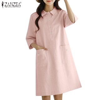 Zanzea ชุดมินิเดรสแฟชั่นสําหรับสตรี แขนสั้น คอวี สีพื้น สไตล์เกาหลี