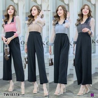 PP18174 Jumpsuit จั้มสูทขายาว ลายชิโนริ ผูกเอว ..