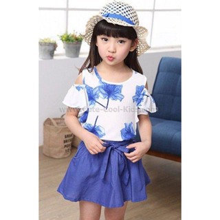 DT-083 ชุดเสื้อ+กระโปรงเด็ก ลายดอกไม้ Size-120 (5-6Y)