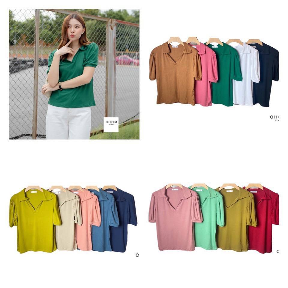 Chom เสื้อยืดคอปก เจาะวี ผ้าร่องใหญ่ เกาหลี งานป้าย