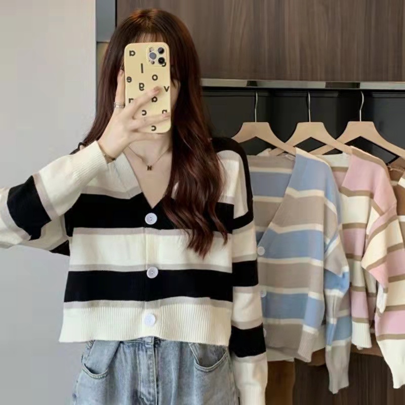 ❤️Cuties 5989❤️ เสื้อไหมพรม เสื้อคลุมไหมพรม แขนยาว ลายทาง ผ้ายืดใส่สบาย มันน่ารักมาก