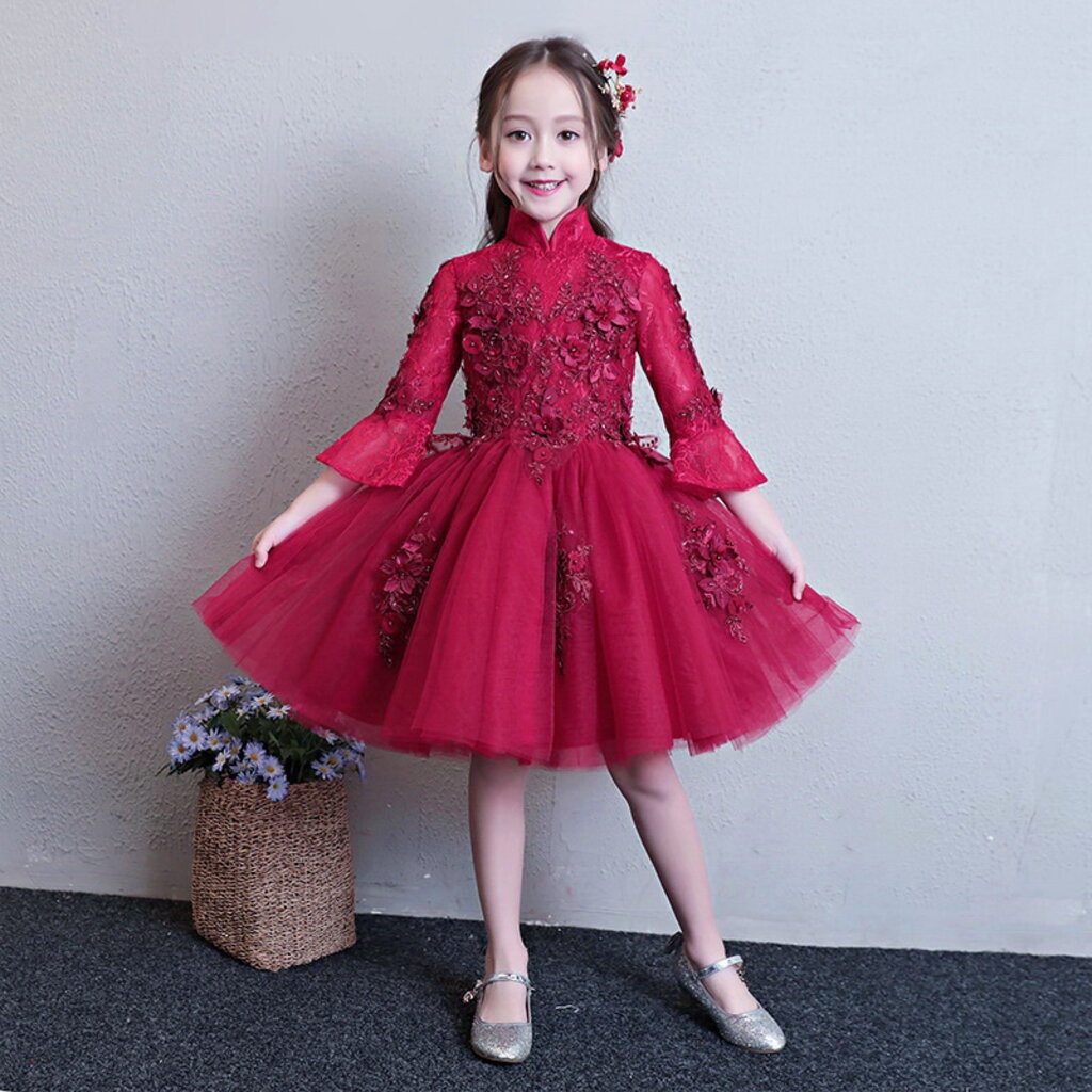 Gd3563- พร้อมส่ง ชุดราตรีเด็กสีแดงเข้ม ชุดออกงานเด็กหญิง ชุดกระโปรงเด็กทรงสั้น แขนยาว แขนและไหล่ซีทรูเบาสบาย ชุดการแส...