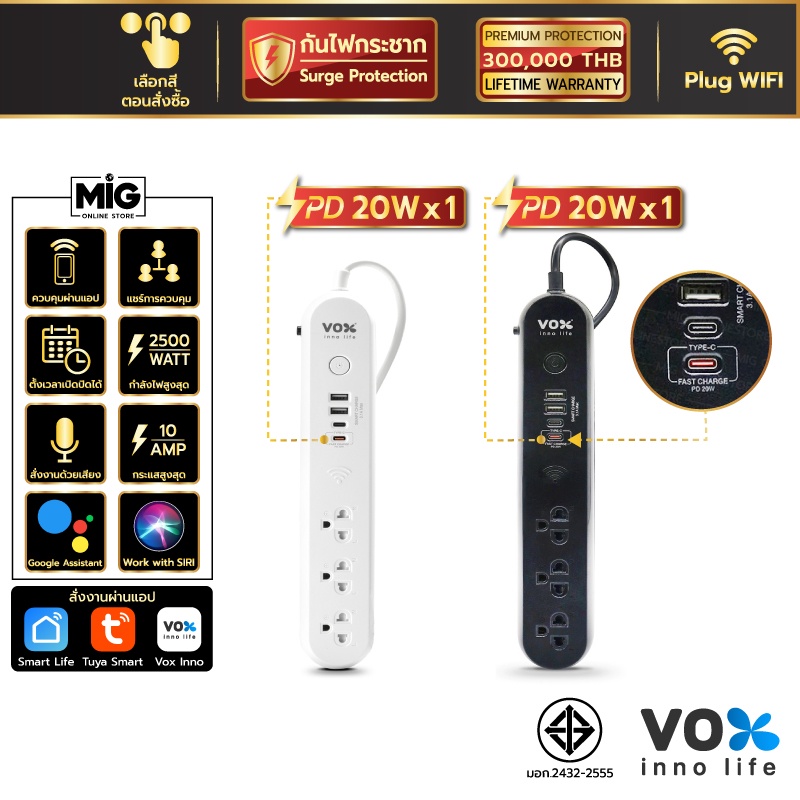 (ขายส่งยกลัง) VOX ปลั๊ก Wifi Tuya ปลั๊กไฟอัฉริยะ IOT รุ่น NVPD-3141 กันไฟกระชาก วัดไฟได้ Type-C PD 2