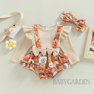 Babygarden- ชุดจั๊มสูทรอมเปอร์ คอกลม แขนยาว ผ้าถัก พิมพ์ลายดอกไม้ พร้อมที่คาดผม สําหรับเด็กผู้หญิง 0-18 เดือน