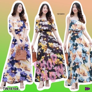 MF18104  Maxi dress ปาดไหล่ลายดอกใหญ่สีสวย แต่งระบายรอบไหล่ มีสม๊อครอบช่วงอก มีซิปซ่อนด้านหลัง มีซัปใน จะใส่แบบปาดไหล่หร