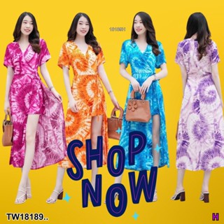 TW18189 Jumpsuit จั้มสูทลายมัดย้อม ผ่าแหวกหน้า ขาสั้น