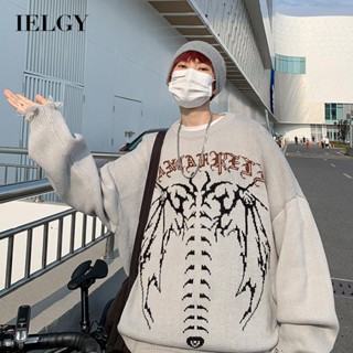 Ielgy เสื้อกันหนาว แนวสตรีท เรโทร สีเข้ม สําหรับผู้ชาย