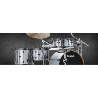 กลองชุด 5 ใบ TAMA Superstar Custom Hyperdrive Duo Kit พร้อมชุดขาตั้ง HB5W สี Satin Silver Vertical Stripe