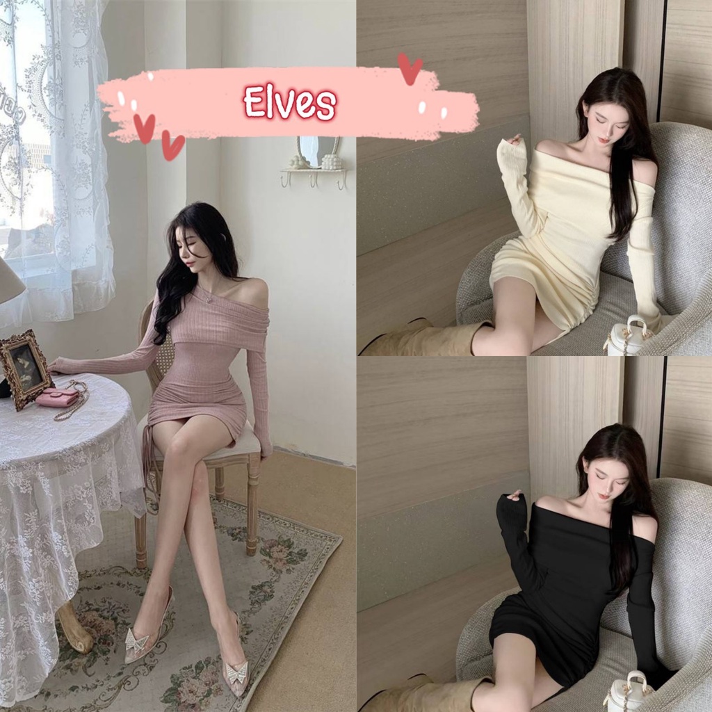 Elves พร้อมส่ง ชุดเดรสไหมพรม แขนยาว เปิดไหล่ ผ้าร่อง ดีเทลปรับความยาวได้ ~98117-3~