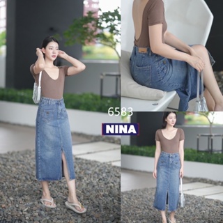 👖NN-ST🌟 #6583 กระโปรงยีนส์เอวสูงทรงสอบ ผ่าหน้า เก๋ๆ งานฟอกสีสนิมหน่อยๆ มีกระเป๋าหน้าปะ 2 ใบ