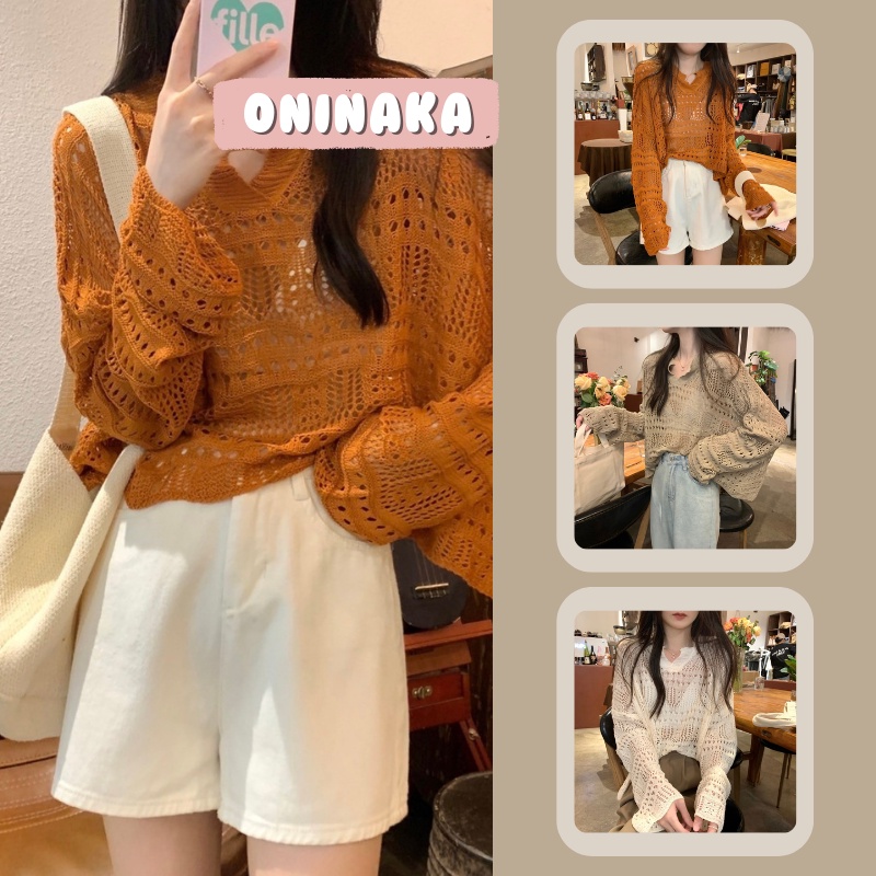 Oninaka เสื้อไหมพรมแขนยาว สีสันสดใส เสื้อแขนยาว