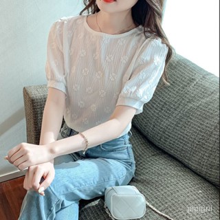 รอบคอหลวม เสื้อชีฟองแขนสั้น2023ใหม่ เสื้อชีฟองหญิง ลายดอก สาวอวบ คอลเลคชั่นสไตล์เกาหลี