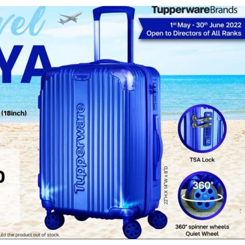 TUPPERWARE กระเป๋าเดินทางทัปเปอร์แวร์ ล้อหมุน TSA สีฟ้า ขนาด 22 นิ้ว x 14 นิ้ว x 8 นิ้ว D360