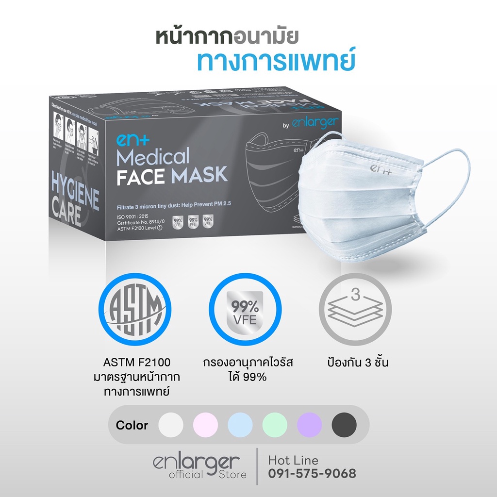 En Plus Medical Face Mask เอ็นพลัส หน้ากากอนามัยทางการแพทย์ ปกป้องละอองไวรัสได้ 99% หนา 3 ชั้น 50ต่อกล่อง