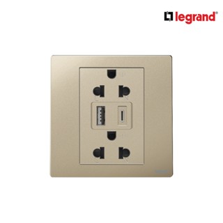 Legrand เต้ารับคู่มีกราวด์+USB Type A+C สีแชมเปญ1G EURO-US 16A Socket With USB Charger|Mallia Senses|Champaigne|281204CH