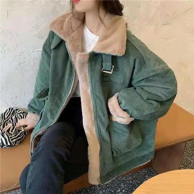 ฤดูหนาวเกาหลีหลวมซิป corduroy ขนแกะเสื้อโค้ทขนสัตว์หนาสินค้าที่อบอุ่น