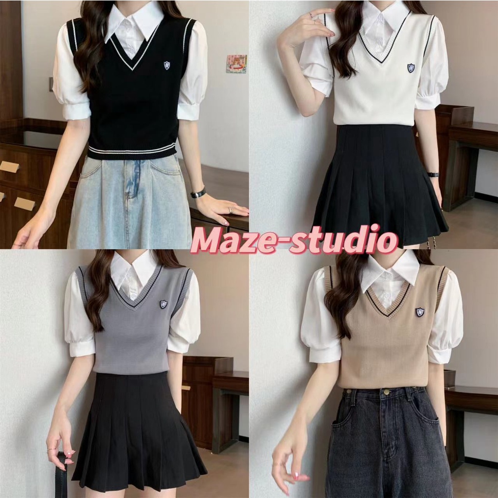 เสื้อเชิ้ตและเสื้อกั๊กในตัวเดียวแขนตุ๊กตา พร้อมปักโลโก้ที่หน้าอกหน้าใจเก๋ๆ สำหรับคนมีสไตล์(03015-1)