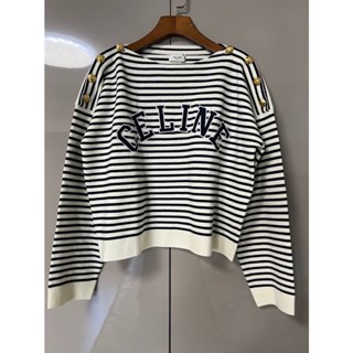 CELINE EMBROIDERED MARINIERE IN COTTON KNIT STRIPE CREAM/NAVY SWEATER เสื้อกันหนาวแขนยาว แบรนด์ซีลีน ครอป ลายทาง