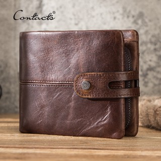 CONTACT&amp;#39;S Casual Men Wallets Crazy Horse Leather Short Coin Purse Hasp Design Wallet Cow Leather Clutch Wallets Male