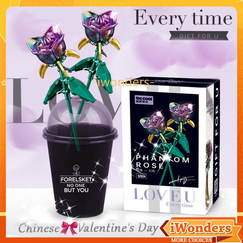 Flower Toys Girl Gild Exquisite ของขวัญคริสตัลกุหลาบสีแดง/คริสตัลสีม่วงกุหลาบซิมโฟนีบิลไฟบล็อกดอกไม้อมตะชีวิต