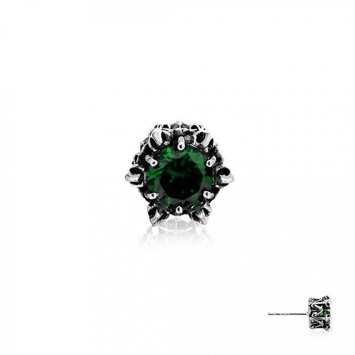 Crown of Green Earring Stud / ต่างหูเงินแท้แกะมือลายมงกุฏโพเซดอน ประดับพลอยสีเขียวมรกตประกายพฤกษ์