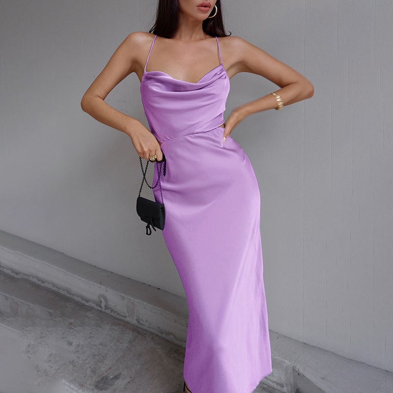 AWomen Spaghetti Strap Satin Long Dresses Sexy Lace Up Cross Bandage Backless Dress Elegant Bodycon Slim Party Dress 202
