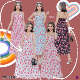 TwinsShopVip💗พร้อมส่ง TW16838 เดรสยาวลายดอกกุหลาบ สายคล้องคอ..Long dress with rose pattern, neck strap..