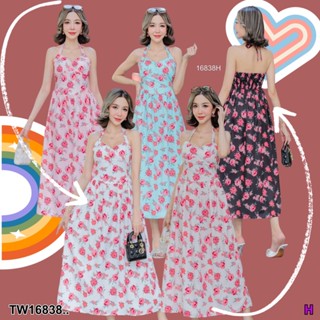 TwinsShopVip💗พร้อมส่ง TW16838 เดรสยาวลายดอกกุหลาบ สายคล้องคอ..Long dress with rose pattern, neck strap..