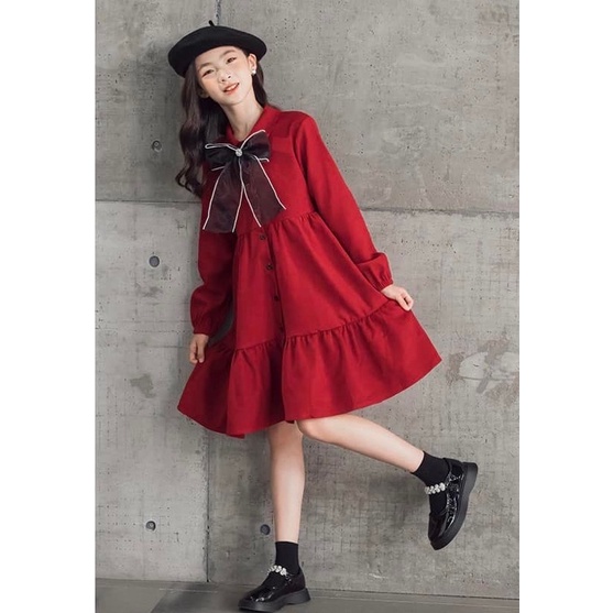 เดรสเกาหลี ลุคคุณหนู สีแดง / P / 550