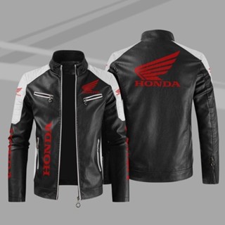 เสื้อแจ็กเก็ตหนัง พิมพ์ลายโลโก้ Honda MOTO ขนาดใหญ่ ให้ความอบอุ่น สําหรับผู้ชาย ใส่ขับขี่รถจักรยานยนต์