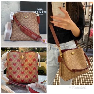 Coach Willow Tan Red Apple Bucket Bag In Signature Canvas With Heart Print