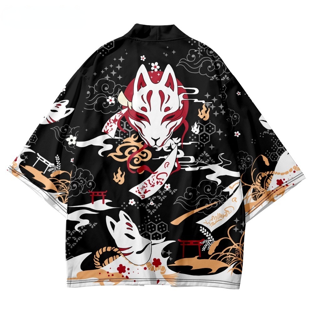 Japanese Fox Print Black Kimono Cardigan Cosplay Shirt Fashion Women Men Yukata Summer Beach Haori Traditional Tops C #2