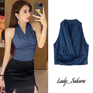 Lady_Sakura✨310/dd019เสื้อแขนกุดไขว้หน้าผ้าซาตินผสมไหม#เสื้อเเฟชั่นเกาหลีวีหน้าอัดจีบชวงใหล่