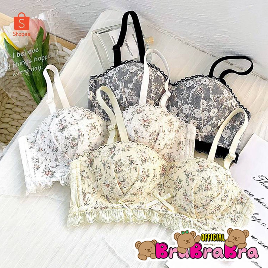 [ส่งจากไทย]   #bra-191 เสื้อชั้นใน ลูกไม้ ลายดอกมีโบว์ น่ารัก มีฟองน้ำเสริม