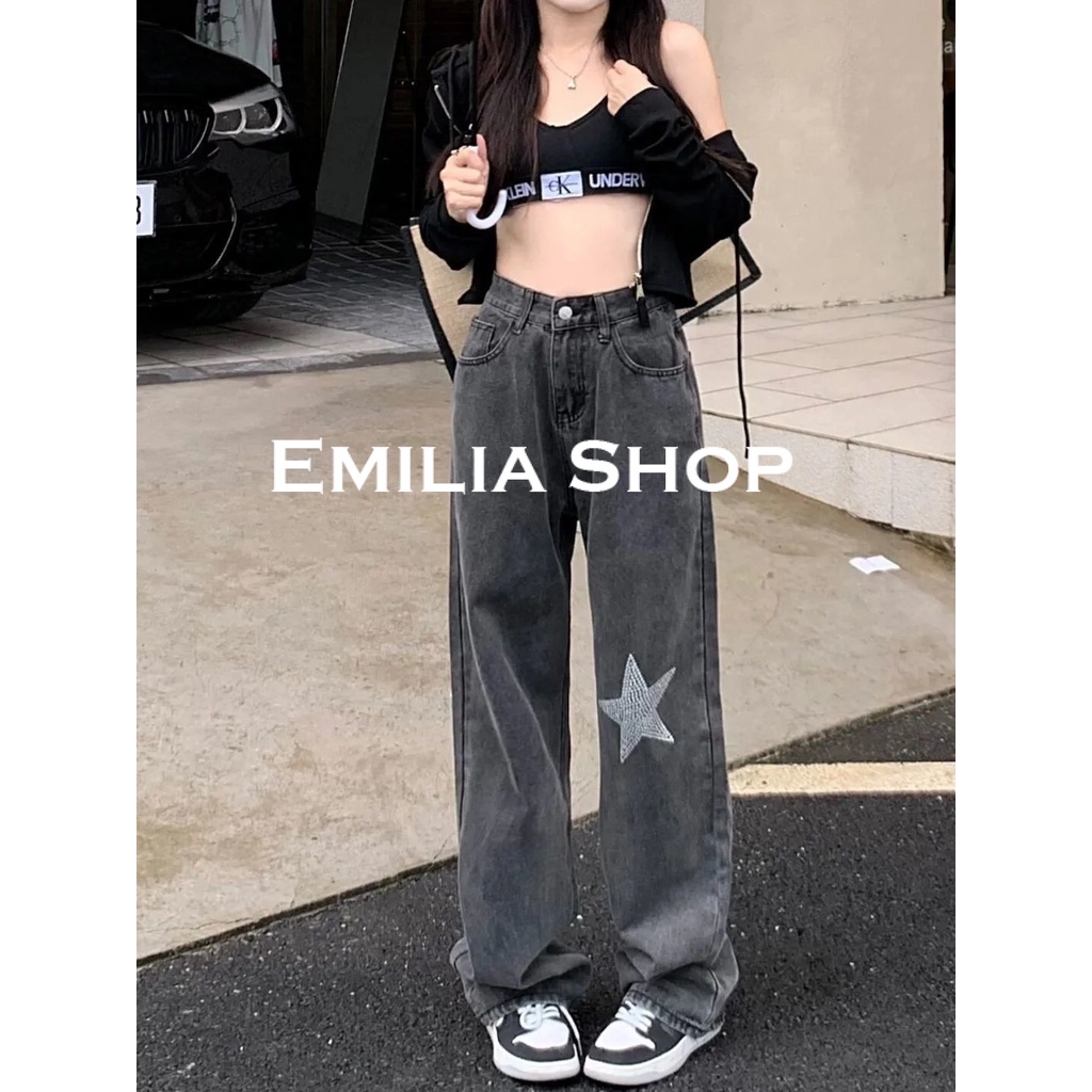 EMILIA SHOPกางเกงขายาว กางเกงเอวสูง สบาย ผู้หญิงสไตล์เกาหลี 2024 ใหม่ ES220333