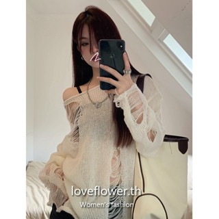 love flower เสื้อกันหนาว ผ้าถัก ทรงหลวม สไตล์เกาหลี สําหรับผู้หญิง