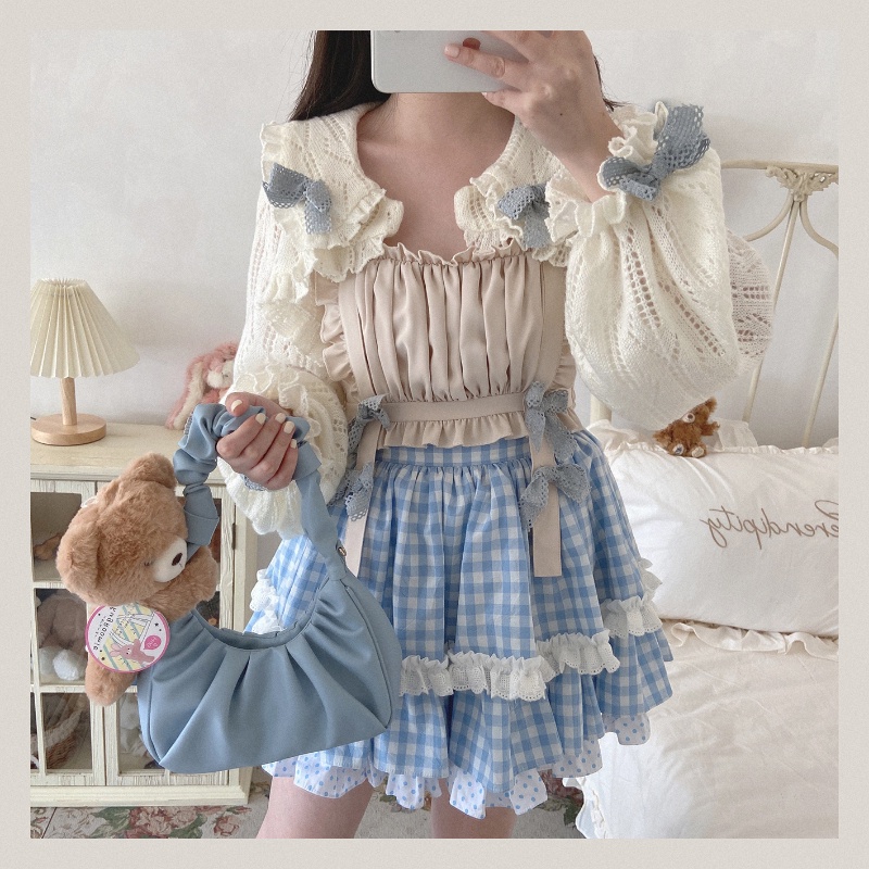 Kawaii Blue Plaid Lolita Mini Skirts Women Japan Sweet Polka Dot Print Ruffles Lace Patchwork JK Skirt Girl Princess Par #5