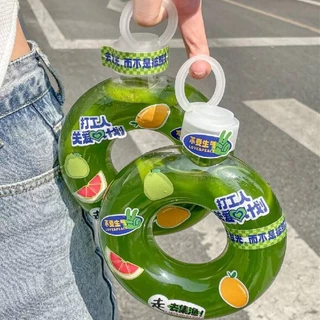 ขวดพลาสติกใส ทรงโดนัท+ฝาพลาสติกหิ้ว 500 ml ทนความร้อนสูง สไตล์เกาหลี ขวดกาแฟ ขวดใส่ชาไข่มุก โยเกิร์ต ขวดใส่ขนม