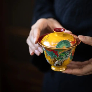 Jingdezhen Hand-painted Gaiwan Palace Yellow Glaze Green Painted Golden Dragon Teapot Gaiwan 140ml Capacity 7.8*8.8cm