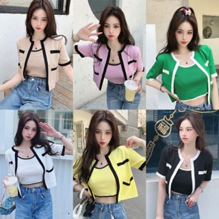 Ey_shop688✨พร้อมส่ง✨M25/BO.E #(2ชิ้น)#เสื้อเกาหลีผ้าไหมพรมแขนสั้น+เสื้อกล้าม #เสื้อผ้าไหมพรมแต่งกระเป๋า 2 ข้าง