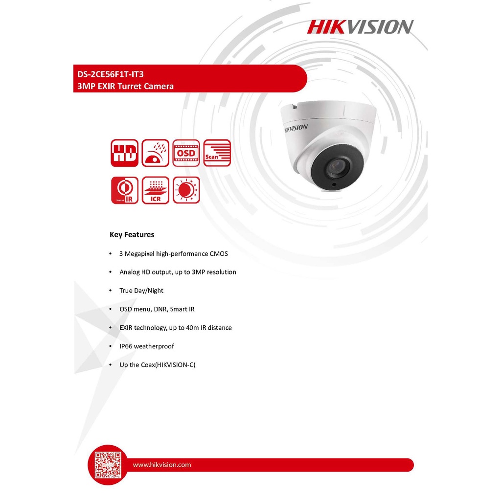 กล้องวงจรปิด Hikvision รุ่น DS-2CE56F1T-IT3 3MP EXIR Turret Camera