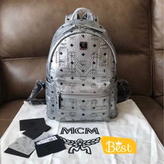 New MCM Stark Backpack in Gunt M Studs Visetos Small/Medium Metallic Silver