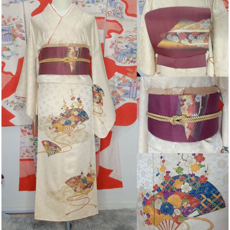 พร้อมส่ง Set Kimono ชุดกิโมโนมือสอง สีครีม ของแท้จากญี่ปุ่น