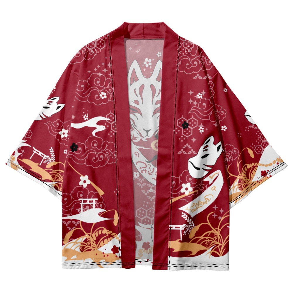Japanese Fox Print Black Kimono Cardigan Cosplay Shirt Fashion Women Men Yukata Summer Beach Haori Traditional Tops C #4