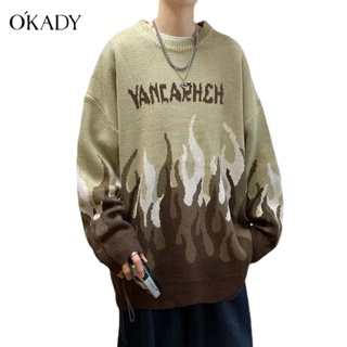 OKADY ใหม่ เสื้อสเวตเตอร์คอกลมพิมพ์ลายไฟสไตล์เกาหลี