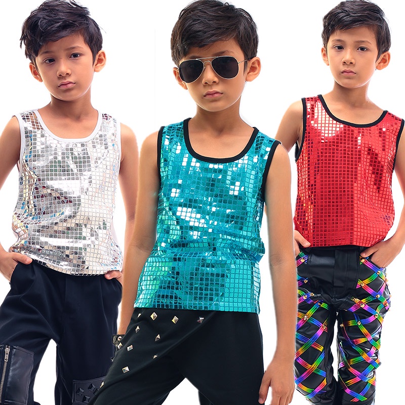 Boy Jazz Performance Costume Singer Children Hip Hop Dancing Clothes Sequin Vest Black T-Shirt Boys Tops Dance Wear DNV1 #8
