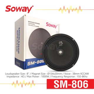 ลำโพง ขนาด 8 นิ้ว แม่เหล็ก 134x20mm Voice: 38mm 4Ω Frequency Response: 150- 8Khz จำนวน 1 ดอก Soway SM-806