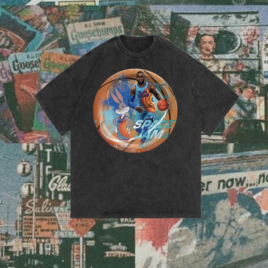 Ossu Official "Loony Tunes Space Jam 1" เสื้อยืดปกติ | ล้างหิน | สีดํา สีดํา สีดํา สีดํา | ขาว ขาว ข