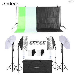 Andoer ชุดถ่ายภาพ ร่มไฟซอฟท์ไลท์ 33 นิ้ว สีขาว 2 ชิ้น ซอฟท์บอกซ์ 50 ซม.*70 ซม. พร้อมขั้วหลอดไฟ 2 ชิ้น หลอดไฟ 45W 4 ชิ้น ซ็อกเก็ตหมุน พร้อมปลั๊ก 2 ชิ้น ขาตั้งพื้นหลัง 3 ม. 1 ชิ้น 2 ม. 4 ชิ้น