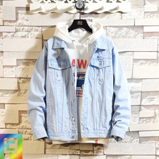 เสื้อแจ็กเก็ตยีน เข้ารูป แต่งรอยขาด แฟชั่นฤดูใบไม้ร่วง สําหรับผู้ชาย